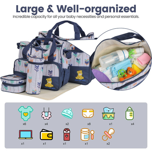 5Pcs Baby Nappy Diaper Bags Set Mummy Diaper Handbags With Diaper Pad Food Bag Bottle Bag Travel Tote Bags For Mom Dad